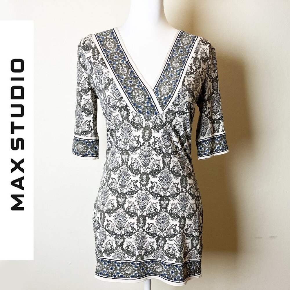 Max Studio 3/4 Sleeve V-Neck Paisley Top | Size S | EUC